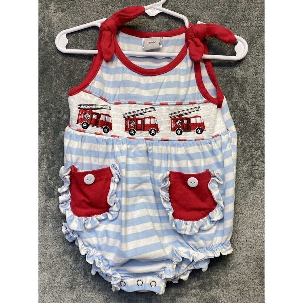 Dash Of Glitter Baby Girl Fire Truck Summer One Piece, Romper Size 18-24 Months